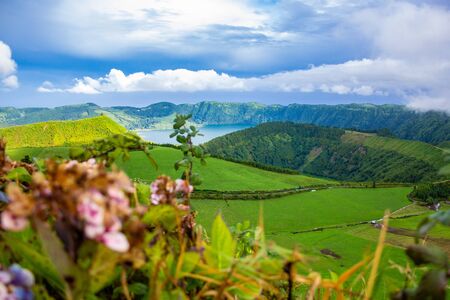View over Sete Cidades Lakes on a cloudy day, Sao Miguel Island, Azores, Portugalの写真素材