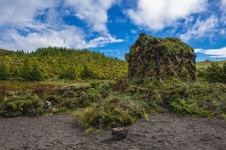 little abandoned stone house next to Lagoa Rasa, Sao Miguel Island, Azores, Portugalの写真素材