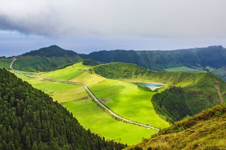 famous view of picturesque Sete Cidadas on a cloudy day, Sao Miguel Island, Azores, Portugalの写真素材