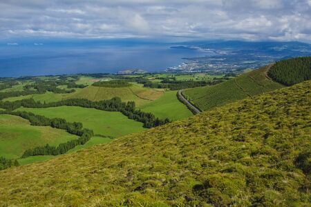view over the beautiful landscape of Serra Devassa, Sao Miguel Island, Azores, Portugalの写真素材