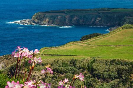 breathtaking view of coastline from Santa Iria viewpoint on the Island of Sao Miguel, Azores, Portugalの写真素材
