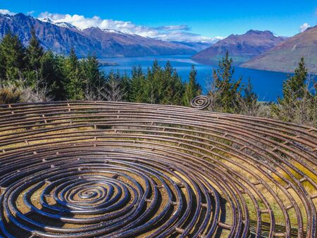 View of Remarkables mountain range and Lake Wakatipu in Queenstown, South Island, New Zealandの写真素材