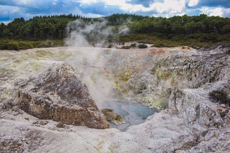 White steam is always present at Wai-O-Tapu Thermal Wonderland near Rotorua, North Island, New Zealandの写真素材
