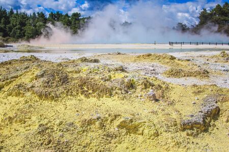 White steam is always present at Wai-O-Tapu Thermal Wonderland near Rotorua, North Island, New Zealandの写真素材