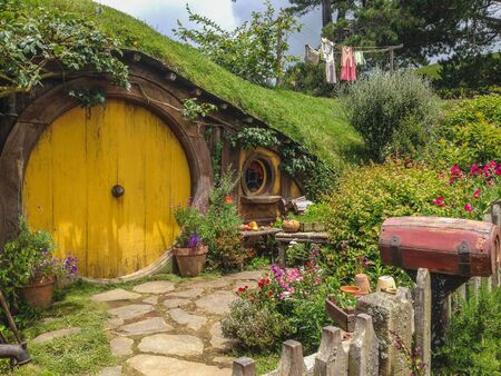Matamata, New Zealand - December 12th 2019: Hobbiton Movie Set. The famous filming location of The Hobbit and Lord Of The Ringsのeditorial素材