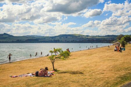 Taupo, North Island, New Zealand - December 21st 2016: Beautiful view over Lake Taupo. Taupo is a famous tourist spot with a lot of things to do in the region.のeditorial素材