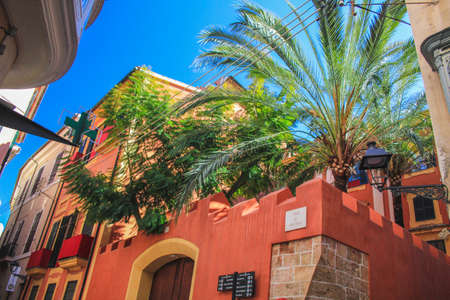 Palma, Mallorca / Spain - March 26 2018: colorful building with big trees behind the wall. street corner in Palma de Mallorcaのeditorial素材