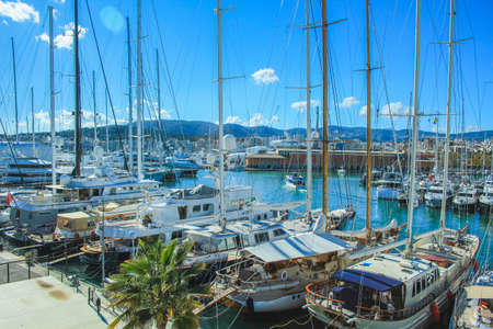 Palma, Mallorca / Spain - March 26 2018: Port de Palma - boats in the harbour of Palma de Mallorcaのeditorial素材