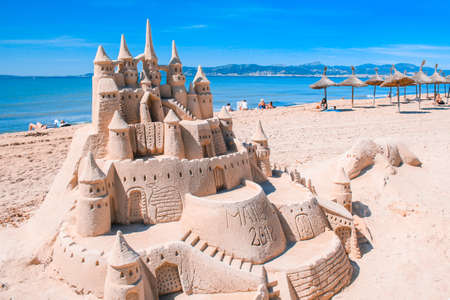 El Arenal, Mallorca, Spain - March 27 2018: Beautiful sand castle at the beach of El Arenal. It is a famous tourist spot during summer in Mallorca.のeditorial素材