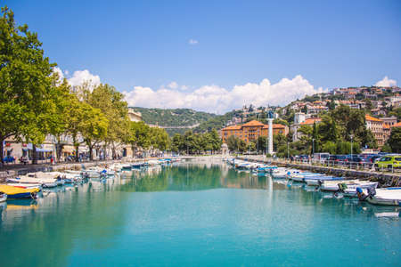 Rijeka, Croatia - July 18 2018: Rjecina river with the Liberation Monument, boats and view over the city of Rijeka, Istrian Peninsula in Croatiaのeditorial素材