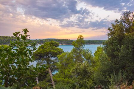 Views of coastline from Komrcar city park in Rab town on Rab island, Croatiaの写真素材