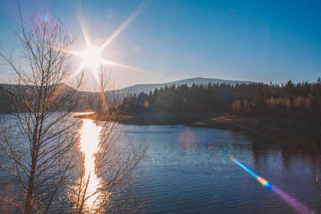 Scenic view of Eckerstausee, a lake in Harz Mountains National Park, Germanyの写真素材