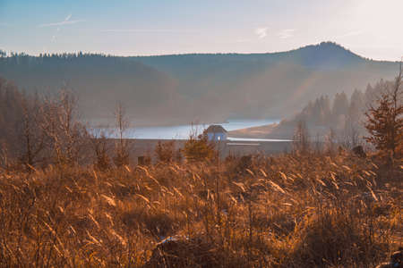 Scenic view of Eckerstausee, a lake in Harz Mountains National Park, Germanyの写真素材