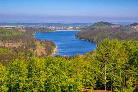 view of Granestausee reservoir and forest at Harz Mountains National Park, Germanyの写真素材