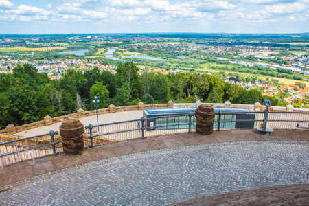 Scenic German landscape at Weserbergland. View from Emperor William Monument (Wittekindsberg) near the city of Porta Westfalica, North Rhine Westphalia, Germanyの写真素材