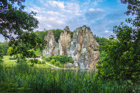 Externsteine. Sandstone rock formation located in the Teutoburg Forest, North Rhine Westphalia, Germanyの写真素材