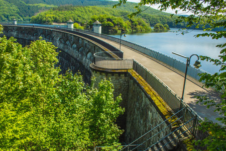 Urft Dam (Urfttalsperre) with Urft Lake at Eifel National Park in North Rhine-Westphalia, Germany.の写真素材