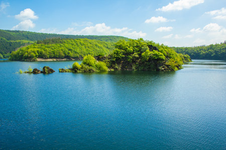 Lake Urft at Eifel National Park, Germany. Scenic view of lake and river Urft and surrounded lush green landscape in North Rhine-Westphaliaの写真素材