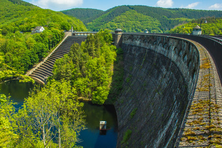Urft Dam (Urfttalsperre) with Urft Lake at Eifel National Park in North Rhine-Westphalia, Germany.の写真素材