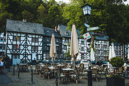 MONSCHAU, GERMANY - MAY 22nd 2019: Small picturesque town in the Eifel region in Noth Rhine-Westphalia. It is famous for its half-timbered houses and cobblestone streetsのeditorial素材
