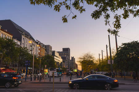 Brussels, BELGIUM - October 8, 2021: streets of Brussels in the evening. The capital of Belguim with restaurants and shops at sunsetのeditorial素材