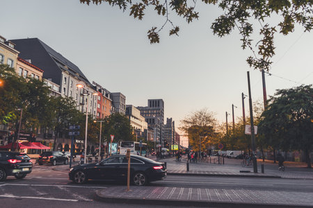 Brussels, BELGIUM - October 8, 2021: streets of Brussels in the evening. The capital of Belguim with restaurants and shops at sunsetのeditorial素材