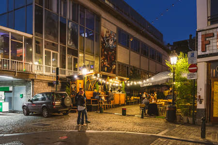 Brussels, BELGIUM - October 8, 2021: Nightlife in Brussels.. People enjoying the evening in the streets of Belgiums capitalのeditorial素材