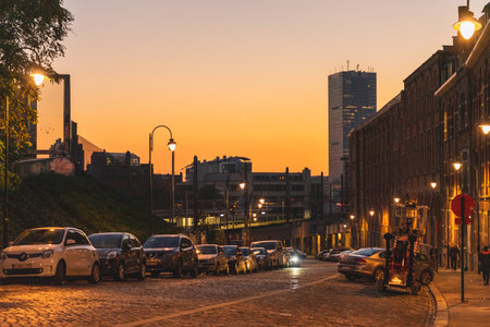 Brussels, BELGIUM - October 8, 2021: Empty streets of Brussels in the evening. The capital of Belguim at sunsetのeditorial素材