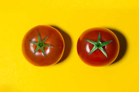 two tomatoes with tails isolated on yellow backgroundの写真素材