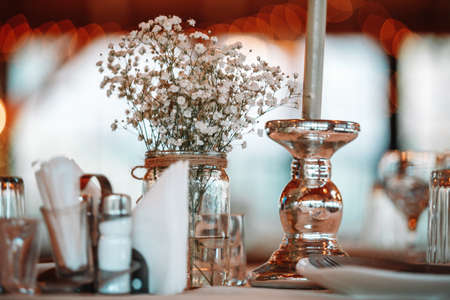 serving a table in a restaurant for a wedding celebration.の写真素材