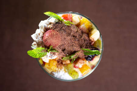 dessert ice cream with fruit and chocolate view from top.の写真素材