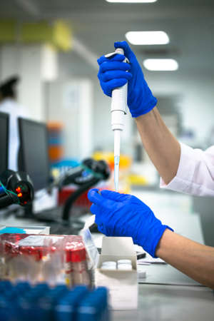 process of working with analyzes in the laboratory. hands close-up.