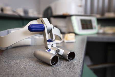 Professional dentist glasses with magnification in a dental clinic.