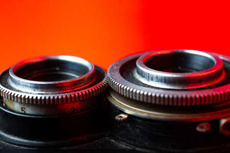 two lenses on the retoro camera close-upの写真素材