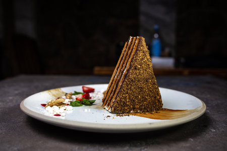Layered honey cake. beautiful dessert serving in a cafe