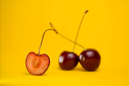 ripe cherries in a section on a yellow background.の写真素材