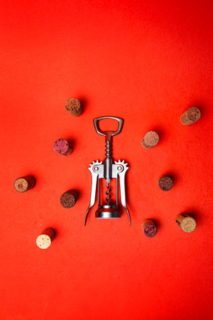Metal corkscrew with wine corksの写真素材