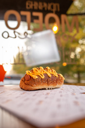 a fast food hot dog on the table in a cafe.の写真素材