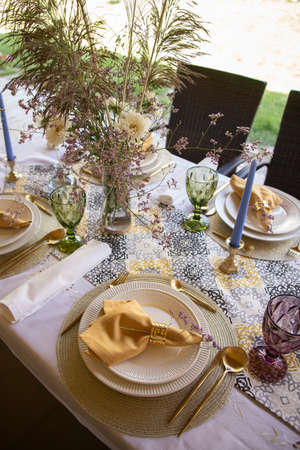 Beautiful decorative festive table setting. top view.