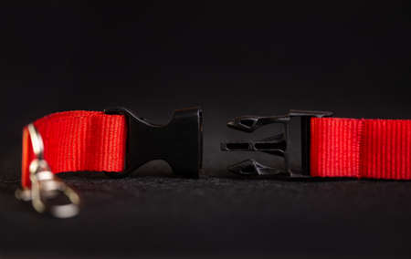 fastening with a carabiner on a red ribbon.の写真素材