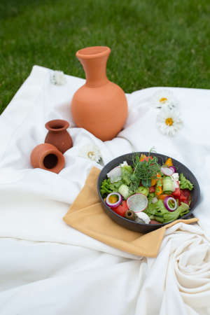 Fresh vegetable salad on a picnic top view.の写真素材