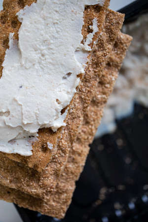 crispy slices with pate on a white plate.の写真素材