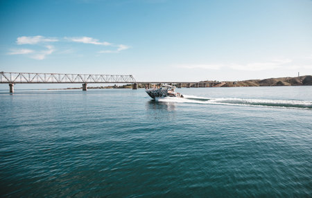the yacht floats at speed on the water.のeditorial素材