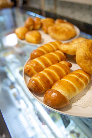 baked goods in cooking, sausage in doughの写真素材