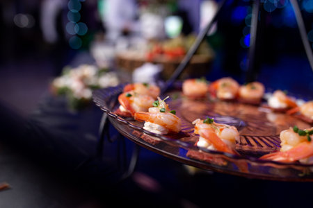 shrimp canape with soft cheese close-up on the buffet.の写真素材