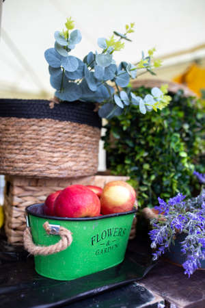 red apples in a green metal bucket.の写真素材