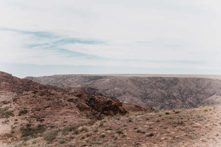rocky terrain in the steppes of kazakhstan.の写真素材