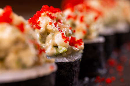 japanese dish rice rolls with cheese close-up.の写真素材