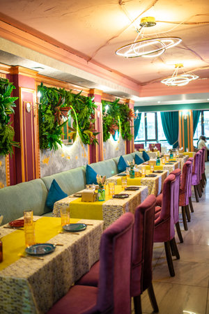 Almaty, Kazakhstan 09.29.2020 table setting in a bright restaurant.のeditorial素材
