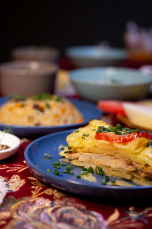 french casserole with chicken on a plate close-upの写真素材